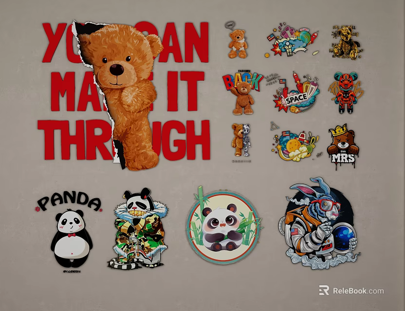 Cartoon Animal Wall Decor With Teddy Bear Panda Tiger Stickers And Motivational Text 3d model 