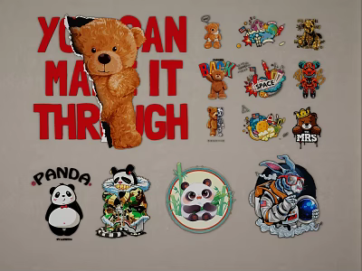 Cartoon Animal Wall Decor With Teddy Bear Panda Tiger Stickers And Motivational Text 3d model