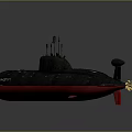 Black And Red Submarine With Antennas On Hull And Rear Propeller