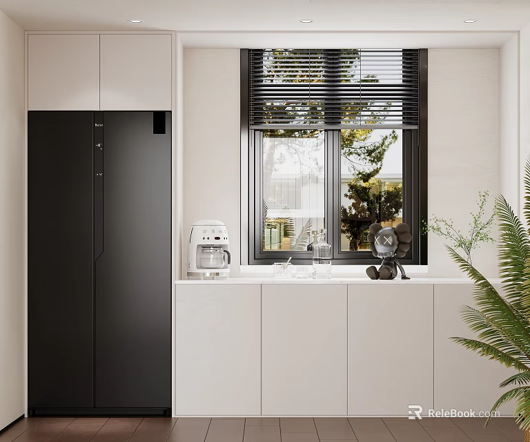 Elegant Modern Kitchen Sideboard With White Cabinets Coffee Machine And Green Plant 3d model 