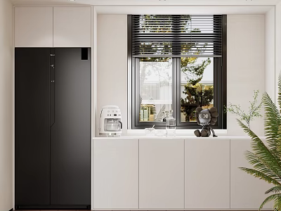Elegant Modern Kitchen Sideboard With White Cabinets Coffee Machine And Green Plant 3d model