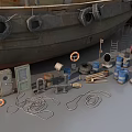 Two Old Rusty Tugboats With Parts Tools And Mechanical Equipment