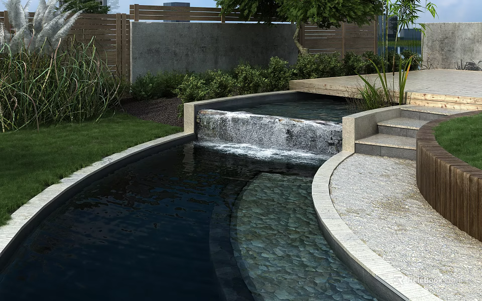 Garden Decorative Pond With Small Waterfall Stone Steps And Surrounding Green Plants 3d model 