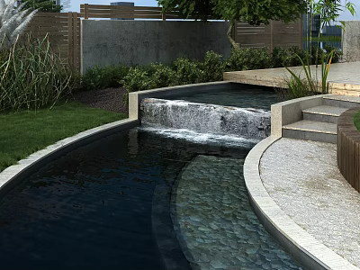 Garden Decorative Pond With Small Waterfall Stone Steps And Surrounding Green Plants 3d model