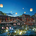 Ancient Style Commercial Street at Night with Hanging Lanterns Pond and Lotus Flowers
