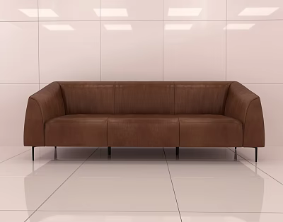 Modern Brown Leather Three Seater Sofa With Black Metal Legs And White Tiled Wall 3d model