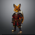 Cute Fox Character In Traditional Samurai Armor With Red And Orange Details