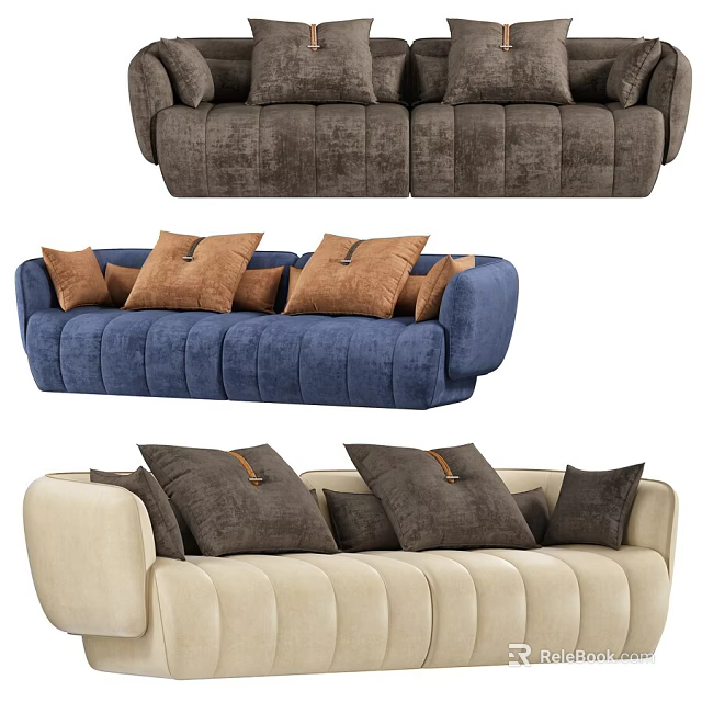 Gray Blue Beige Sofa With Decorative Pillows And Tufted Design Details 3d model