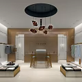 Elegant Clothing Store Interior With Mannequins Hanging Lights And Display Shelves