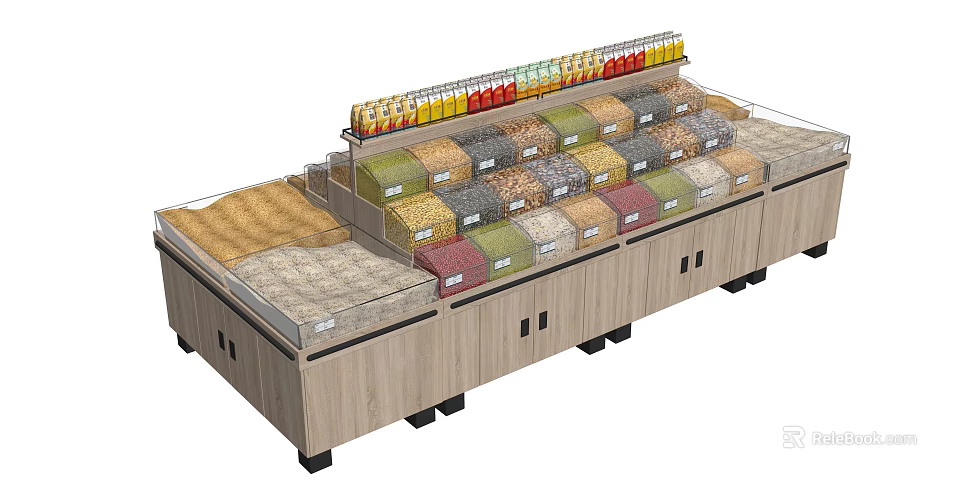 Wooden Display Shelving Unit With Multi Layered Bins For Grains Legumes And Spices 3d model 