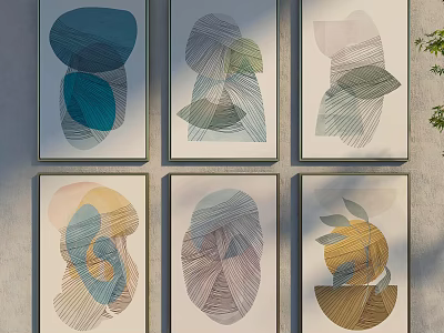 Modern Abstract Art Paintings With Geometric Shapes And Colorful Designs Hanging On Wall 3d model