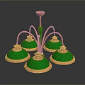Vintage Copper Chandelier With Green Shades And Five Light Fixtures