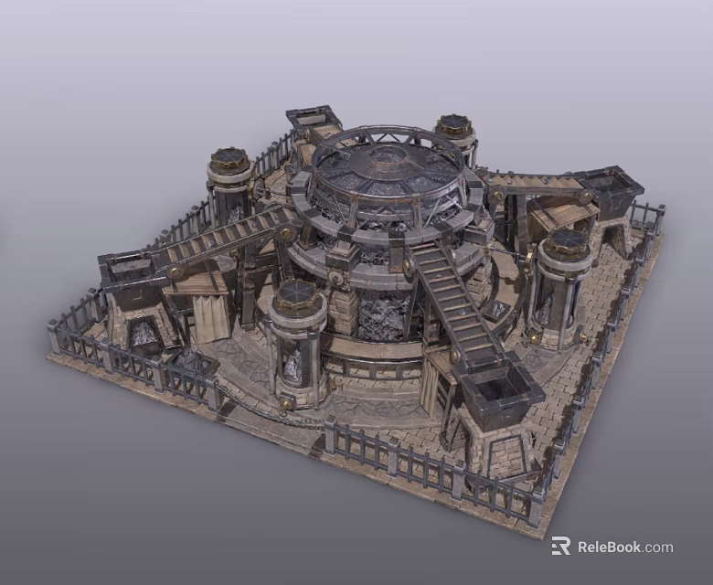 Mythical Ancient Stone Structure With Round Towers Square Base Staircases And Fences 3d model 
