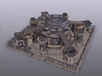 Mythical Ancient Stone Structure With Round Towers Square Base Staircases And Fences 3d model