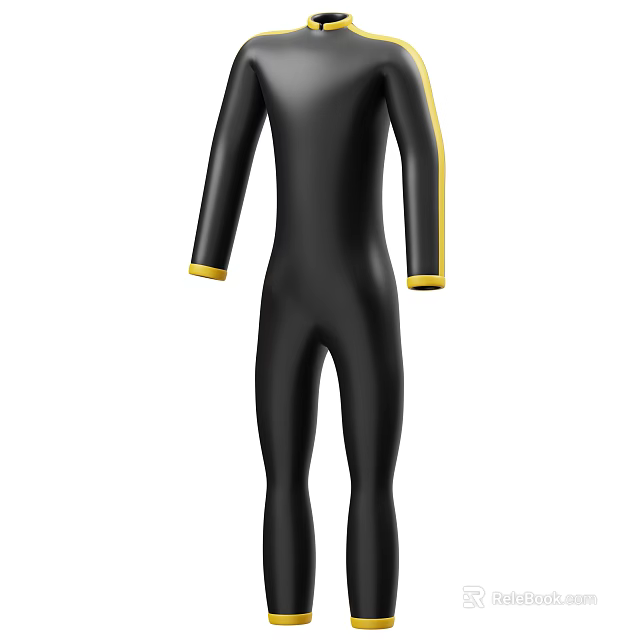Sleek Black Full Length Jumpsuit With Yellow Stripes On Sleeves And Cuffs 3d model 