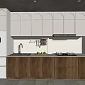 Modern Kitchen Interior With White Refrigerator Wooden And White Cabinets Sink Range Hood And Cooktop