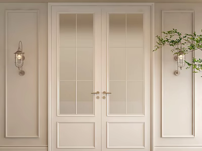 White Framed Glass Paneled Double Doors With Wall Sconces And Potted Greenery 3d model