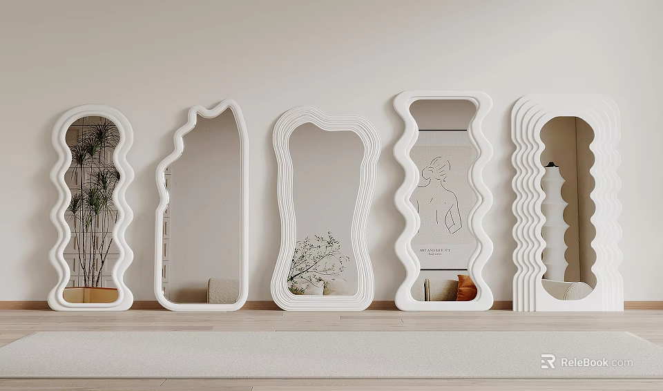 Modern Decorative Mirrors With Various Shapes And White Frames On Wall Shelf 3d model 