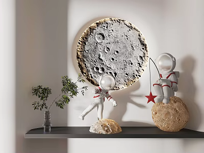 Moon Surface Wall Light With Astronaut Figurines And Small Plant On Black Shelf 3d model