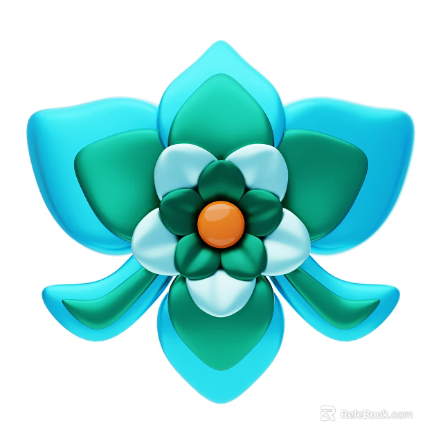 Vibrant Decorative Ornament Set With Flower Shaped Blue Green White Petals And Orange Center 3d model 