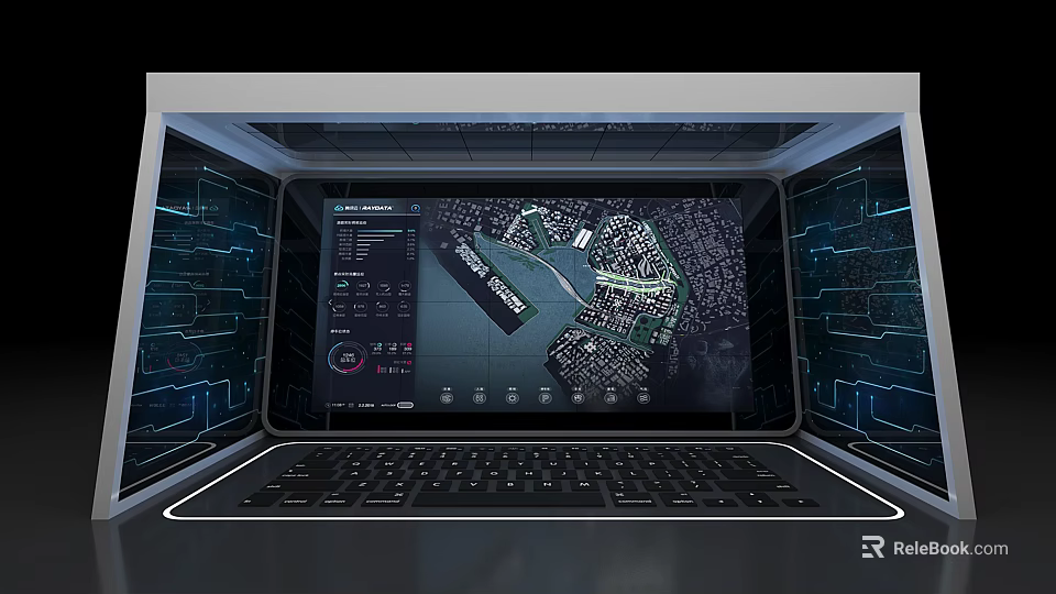 Laptop Screen Showing Digital Map And Data Interface With Tech Elements 3d model 