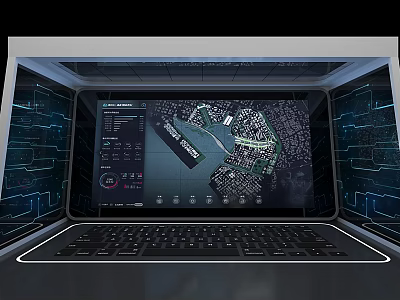 Laptop Screen Showing Digital Map And Data Interface With Tech Elements 3d model