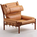 Brown Leather Leisure Chair with Comfortable Padded Backrest and Sturdy Wooden Support Legs