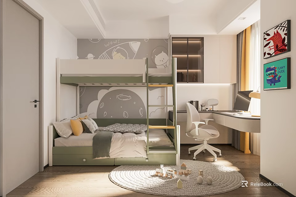 Space Themed Kids Room With Bunk Bed Desk And Rug 3d model 