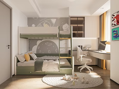 Space Themed Kids Room With Bunk Bed Desk And Rug 3d model