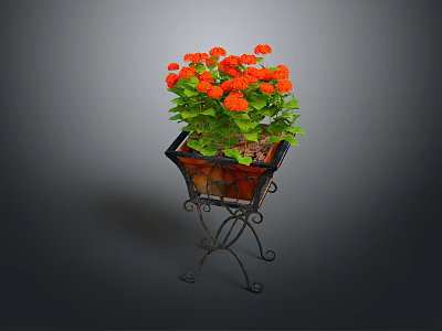 Orange Flower Plant With Green Leaves On Black Metal Decorative Stand 3d model