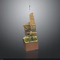 Miniature House Model With Tile Roof Windows And Wooden Base Decorative Greenery