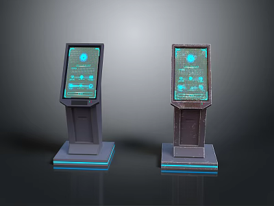 Upright Digital Information Kiosks With Blue Glowing Borders And Screens Displaying Blue Interfaces And Icons 3d model