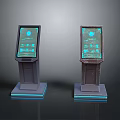 Upright Digital Information Kiosks With Blue Glowing Borders And Screens Displaying Blue Interfaces And Icons