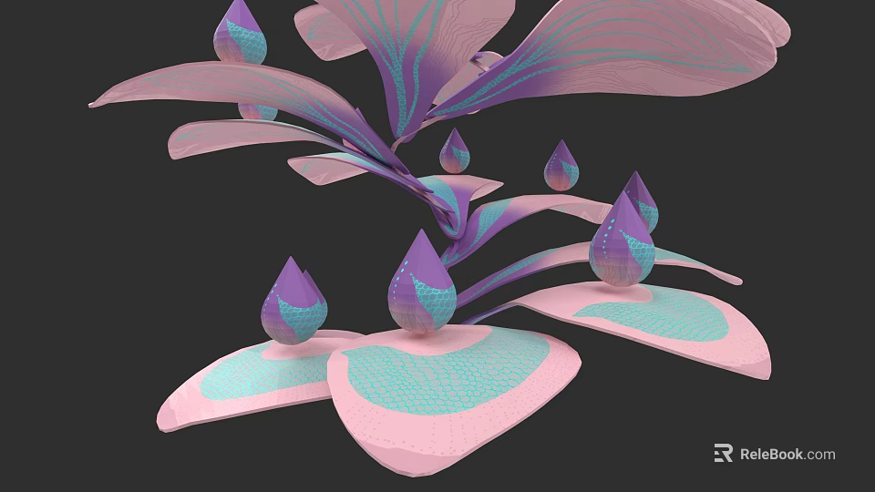 Artistic Botanical Art with Pink Purple Leaves and Teardrop Shaped Structures on Dark Background 3d model 