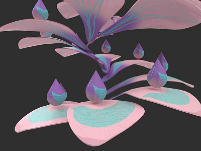 Artistic Botanical Art with Pink Purple Leaves and Teardrop Shaped Structures on Dark Background 3d model