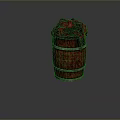 Rustic Wooden Barrel With Red Fabric Cover And Metal Hoops Design