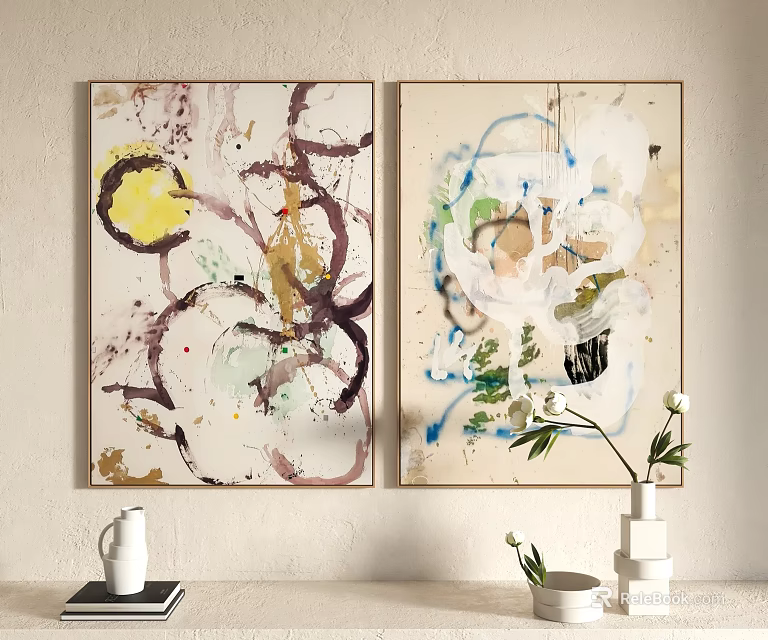 Abstract Paintings On Light Wall With Decorative Items 3d model