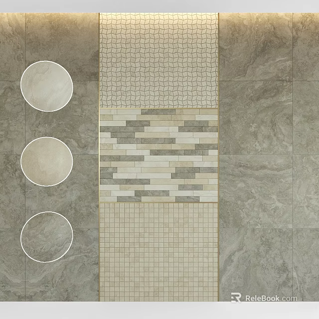 Tile Components with Circular Sections Striped and Small Square Tiles in Gray Beige Tones 3d model