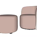 Elegant Light Brown Single Seater Sofa With Ribbed Fabric And Round Ottoman Stool 3d model