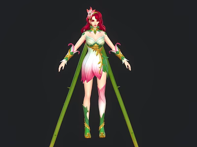 Elegant Game and Movie Character with Red Hair Flower Crown Green Pink Outfit and Long Green Staffs 3d model
