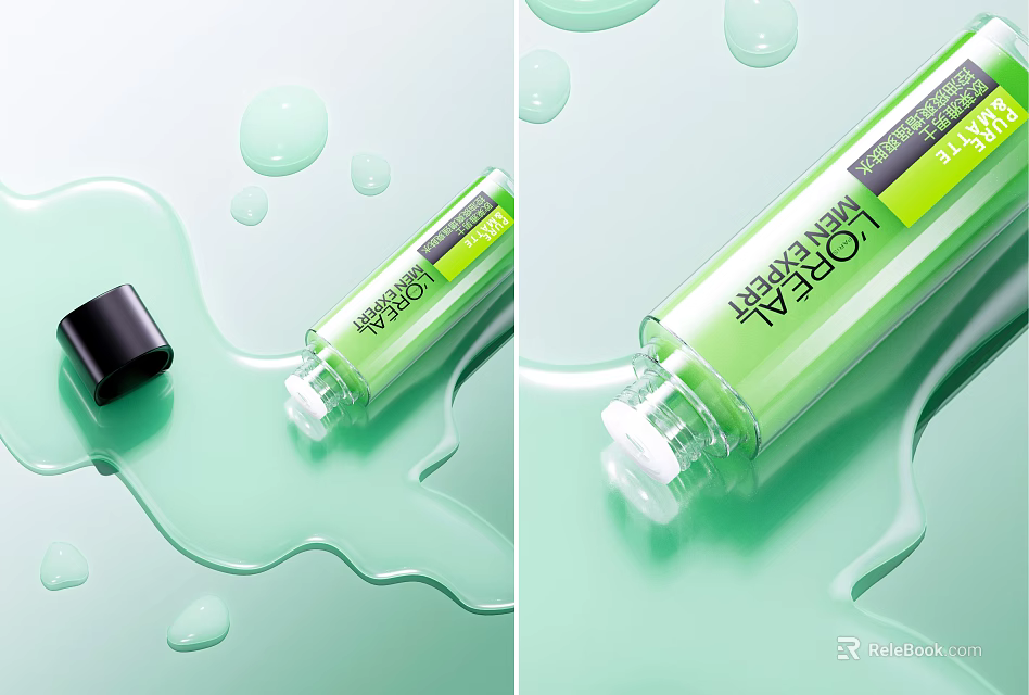 Fresh Green Cosmetic Product Bottle With Spilled Liquid Drops On Surface 3d model 