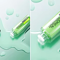 Fresh Green Cosmetic Product Bottle With Spilled Liquid Drops On Surface