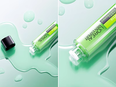 Fresh Green Cosmetic Product Bottle With Spilled Liquid Drops On Surface 3d model