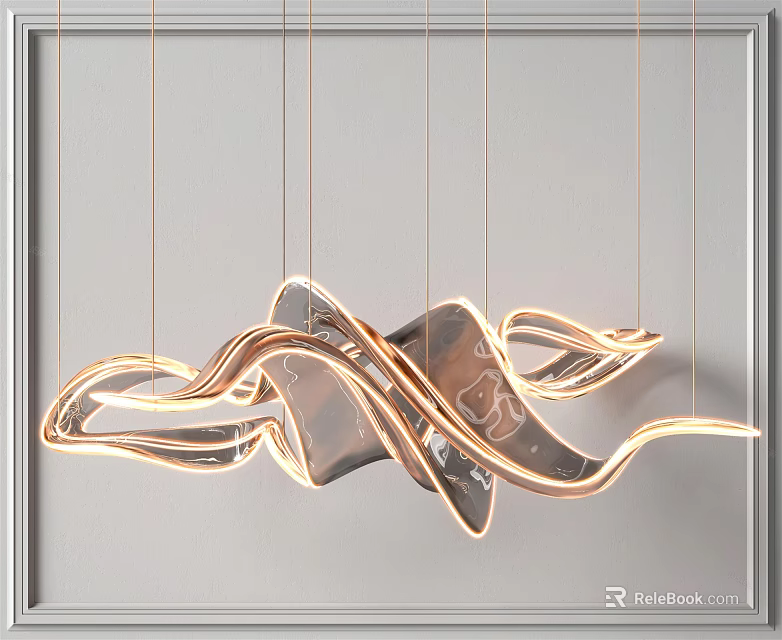 Elegant Modern Chandelier With Wavy Curved Metal Design And Shiny Gold Finish 3d model 