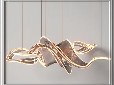 Elegant Modern Chandelier With Wavy Curved Metal Design And Shiny Gold Finish 3d model