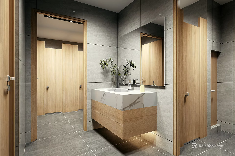 Modern Public Restroom With Wooden Stalls Gray Tiled Walls And White Marble Sink Counter 3d model 