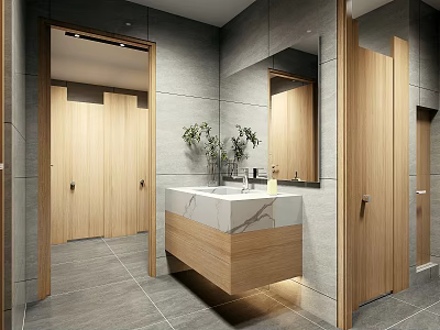 Modern Public Restroom With Wooden Stalls Gray Tiled Walls And White Marble Sink Counter 3d model