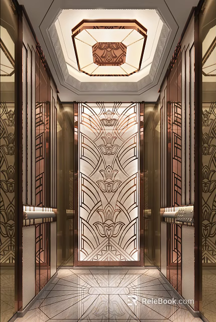 Luxury Elevator Interior Design With Illuminated Ornate Patterned Door And Metal Frames 3d model