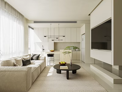 Modern Apartment Living Room With Open Kitchen Sofa Coffee Table And Natural Light 3d model