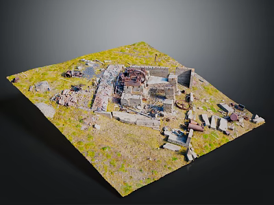 Detailed Realistic Terrain Model With Grassland Ruins Scattered Debris And Structures 3d model